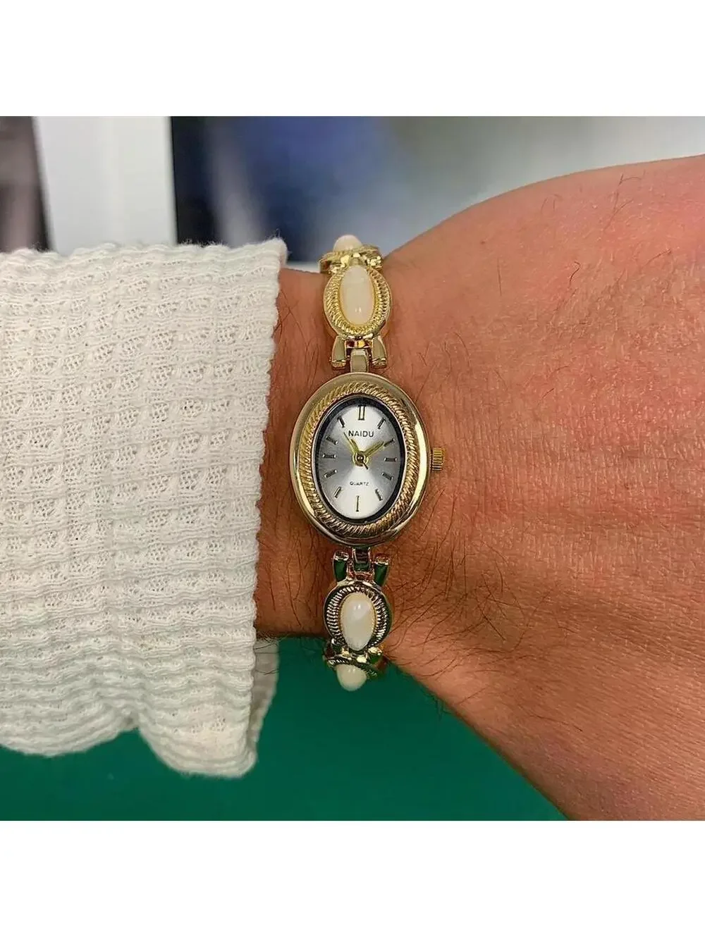 Y2k style Dainty cute Gold style tone quartz watch with white jade stone opal ac
